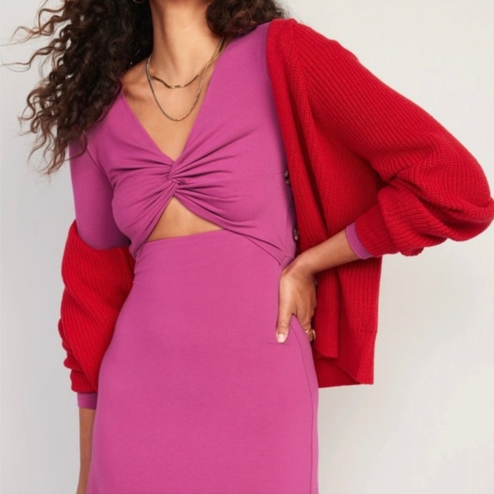 Old Navy Women's Pink Fit & Flare Twist-Front Cutout Midi Dress